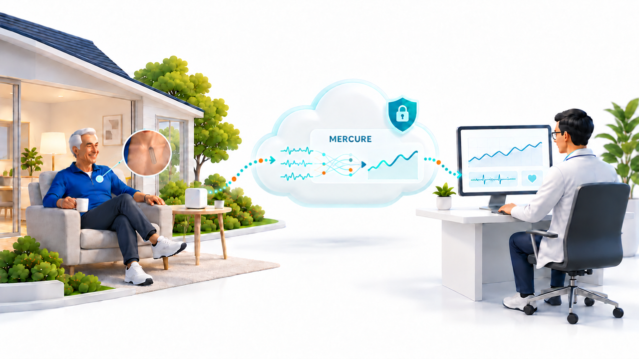 Illustration of a patient at home with a circular chest zoom, a home gateway transmitting data to the secure MERCURE cloud, and a clinician reviewing the resulting information